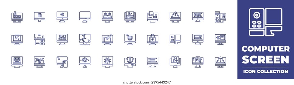 Computer screen line icon collection. Editable stroke. Vector illustration. Containing monitor, broken screen, responsive, computer, computer desktop, pc, vote, online shopping, art and design.