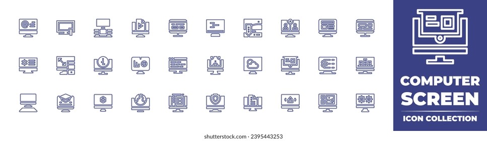 Computer screen line icon collection. Editable stroke. Vector illustration. Containing computer, video tutorial, blogging, business report, statistics, lcd, moodboard, tv, elearning, publishing.