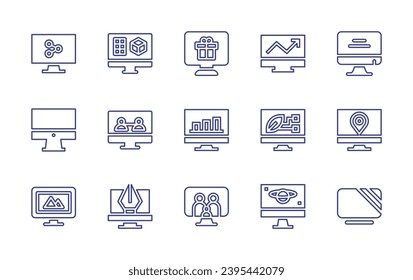 Computer screen line icon set. Editable stroke. Vector illustration. Containing share, designing, gift, line graph, monitor, televisions, video call, screen.