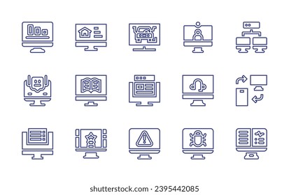 Computer screen line icon set. Editable stroke. Vector illustration. Containing monitor, website, diagnosis, video conference, server, bot, learning, online support, transfer, design, warning, virus.