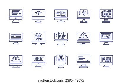 Computer screen line icon set. Editable stroke. Vector illustration. Containing thermometer, shopping bag, information, checking, graphic design, email, error, dating, no connection, video call, mail.