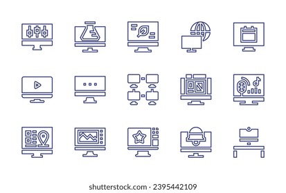 Computer screen line icon set. Editable stroke. Vector illustration. Containing options, tv monitor, location, chemistry, leaf, monitor, networking, image, design, internet, browser, notification, vr.
