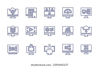 Computer screen line icon set. Editable stroke. Vector illustration. Containing cloud, data, video conference, speedometer, dentist, data server, video, d design, analytics, download, software.