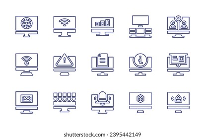 Computer screen line icon set. Editable stroke. Vector illustration. Containing computer, wifi signal, analytics, tv monitor, video call, warning, file, information, elearning, online shop.
