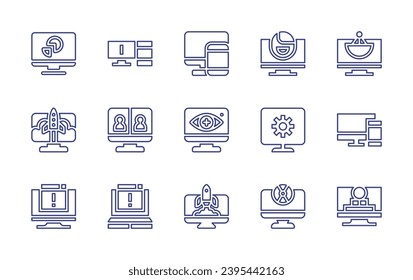 Computer screen line icon set. Editable stroke. Vector illustration. Containing monitor, responsive, startup, video call, augmented reality, laptop, software.