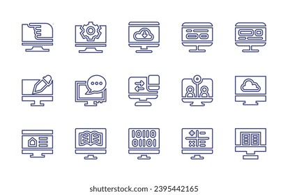 Computer screen line icon set. Editable stroke. Vector illustration. Containing monitor, graphic design, responsive, video call, cloud, online shop, ebook, binary, calculator, e learning.