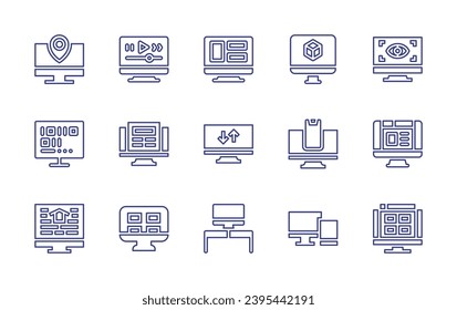 Computer screen line icon set. Editable stroke. Vector illustration. Containing location, video player, layout, d design, preview, binary code, smart home, news, transfer, devices, web design, mood.