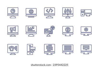 Computer screen line icon set. Editable stroke. Vector illustration. Containing computer, video conference, check, monitor, tv, nanotechnology, archive.