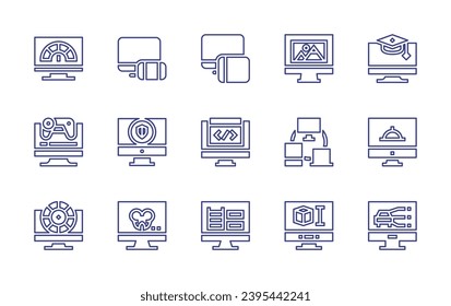 Computer screen line icon set. Editable stroke. Vector illustration. Containing speed, responsive, web design, education, game development, monitor, coding, devices, restaurant, color, ekg monitor.