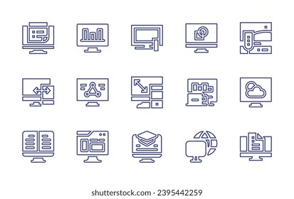 Computer screen line icon set. Editable stroke. Vector illustration. Containing graph, graphic design, science, coffee mug, website, browsing, notes, tv, ebook, elearning, publishing, responsive.