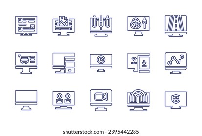 Computer screen line icon set. Editable stroke. Vector illustration. Containing chat, screen, image, analytics, color scheme, video game, responsive, monitor, television, videocall, creativity.