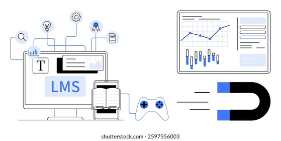 Computer screen with LMS platform, controller, and interconnected graphic elements for learning and data analysis. Bar and line graphs, magnet attracting lines. Ideal for education, e-learning, data