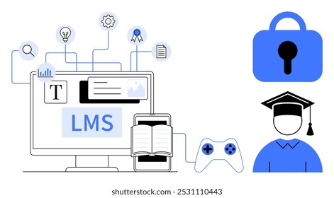 A computer screen with LMS, a smartphone, an open book, and icons representing a padlock and a graduate. Ideal for e-learning, technology, online courses, digital education, cyber security. Clean