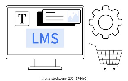 Pantalla de la computadora con LMS, ícono de texto, ícono de Imagen, engranaje de Configuraciones y Carrito de compras. Ideal para la educación en línea, herramientas digitales, comercio electrónico, interfaces de software, tecnología. Estilo moderno limpio