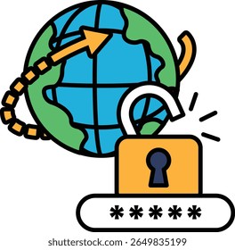 A computer screen with a lock on it and a globe in the background. The globe is surrounded by a line of arrows pointing to it. The lock is open, and the globe is closed