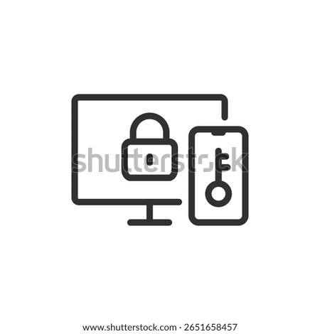 Computer screen with lock and phone key, linear icon. Two-factor login verification. Line with editable stroke.
