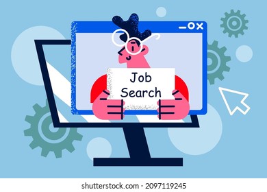 Computer Screen With Male Job Candidate Or Applicant With Poster Of Work Search. Man Seeker Look For Employment Position Or Vacancy On Internet. Web Application. Recruitment. Vector Illustration. 