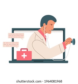Computer screen with male therapist on chat in messenger and an online consultation. Vector flat illustration. Online medical advise or consultation.