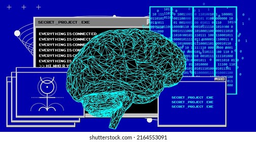 Computer screen with many opened tabs and windows and 3D model of a human brain. Futuristic HUD elements.