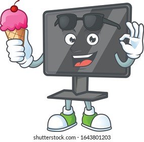 Computer screen mascot cartoon style eating an ice cream