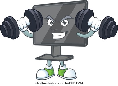 Computer screen mascot icon on fitness exercise trying barbells