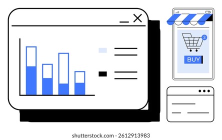A computer screen and mobile phone display bar charts and a shopping cart icon. Ideal for showing e-commerce, online shopping, data analysis, digital marketing, and sales tracking concepts. Simple