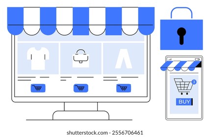 Computer screen and mobile phone with shopping interface, featuring clothing items and a lock icon for security. Ideal for online shopping, e-commerce, cybersecurity, digital marketplace, retail