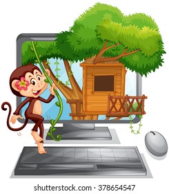 Computer screen with monkey on treehouse illustration