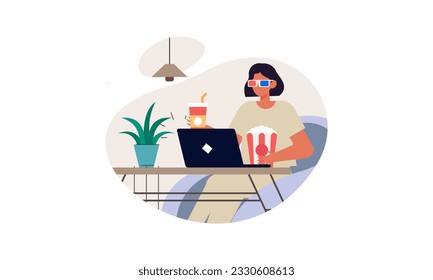 Computer screen with movie lover with popcorn illustration