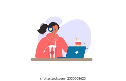 Computer screen with movie lover with popcorn illustration