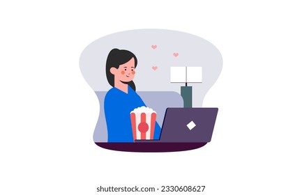 Computer screen with movie lover with popcorn illustration