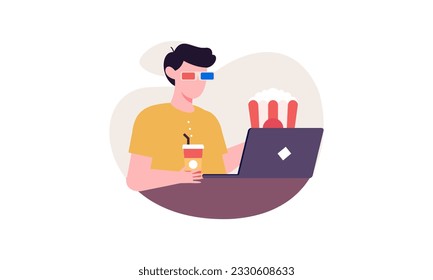 Computer screen with movie lover with popcorn illustration