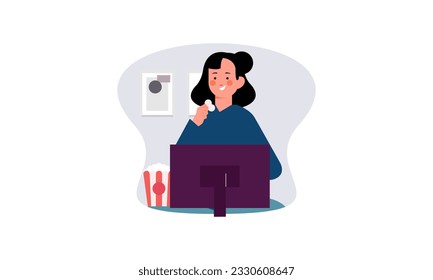Computer screen with movie lover with popcorn illustration
