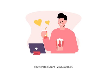 Pantalla de computadora con amante de películas con ilustración de palomitas de maíz