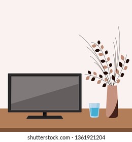 Computer screen on a brown desk in the room. Vector illustration.
