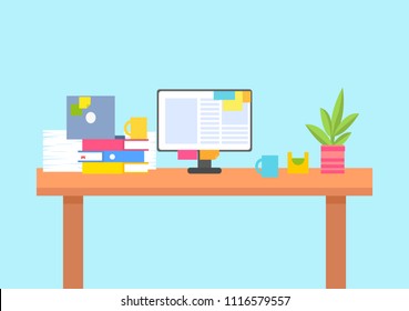 Computer screen on desk full of paper documents. Work space with thick folders, sheets in neat pile and indoor plant cartoon flat vector illustartion.