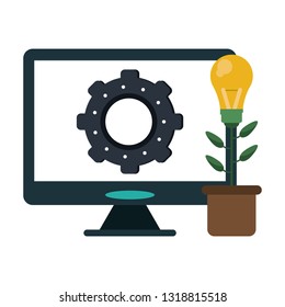 computer screen on gear and flower pot with bulb light