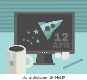 Computer screen on the table with retro spaceship. Vector illustration of the work place. 