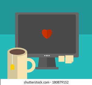 Computer screen on the table. Vector illustration of the work place.