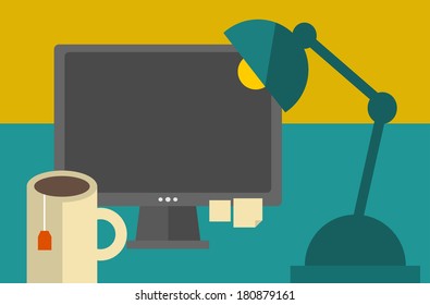 Computer screen on the table. Vector illustration of the work place.