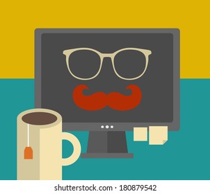 Computer screen on the table. Vector illustration of the work place.
