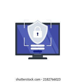 Computer screen and online cyber security shield. Vector illustration. Concept of Security, Personal Access, User Authorization, Internet and Data Protection, Cybersecurity.