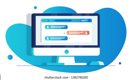 Computer screen with open browser window. Messenger app with user speech bubbles with text. Online chatting and communication concept. Working hat group. Office worker workplace