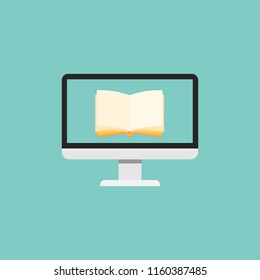 Computer screen with opened book.  Flat icon. Concept of online education, online educational courses. 