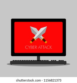 Computer screen with a pair of swords. Cyber attack