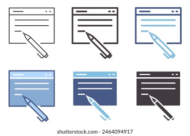 Computer screen with pen and text icon. Writing online content vector graphic element