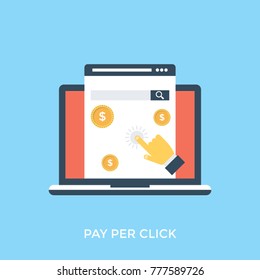 A computer screen with person finger clicking, vector illustration of pay per click
