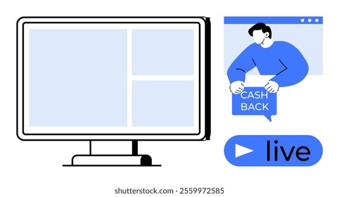 Computer screen and person holding cash back sign. Themes are ideal for online shopping, financial savings, live streaming, e-commerce, and digital marketing. Modern flat style