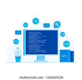 Computer screen with program code. Modern flat style vector illustration.