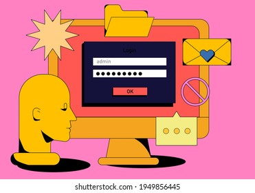 Computer screen with programs and applications. Conceptual flat vector illustration of UI and UX design and programming.